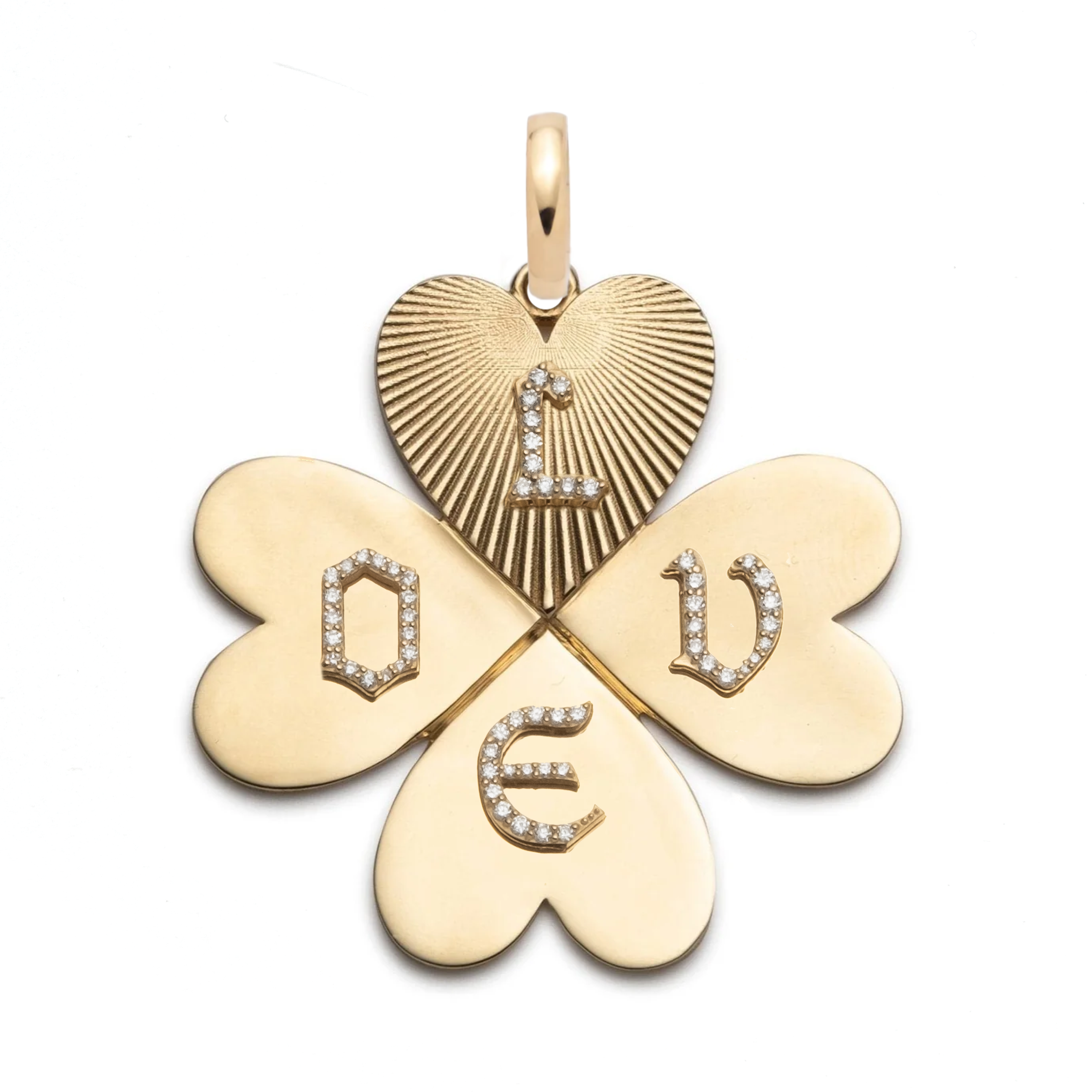 true love oversized custom four heart clover : in yellow gold with pave diamonds and an annex link