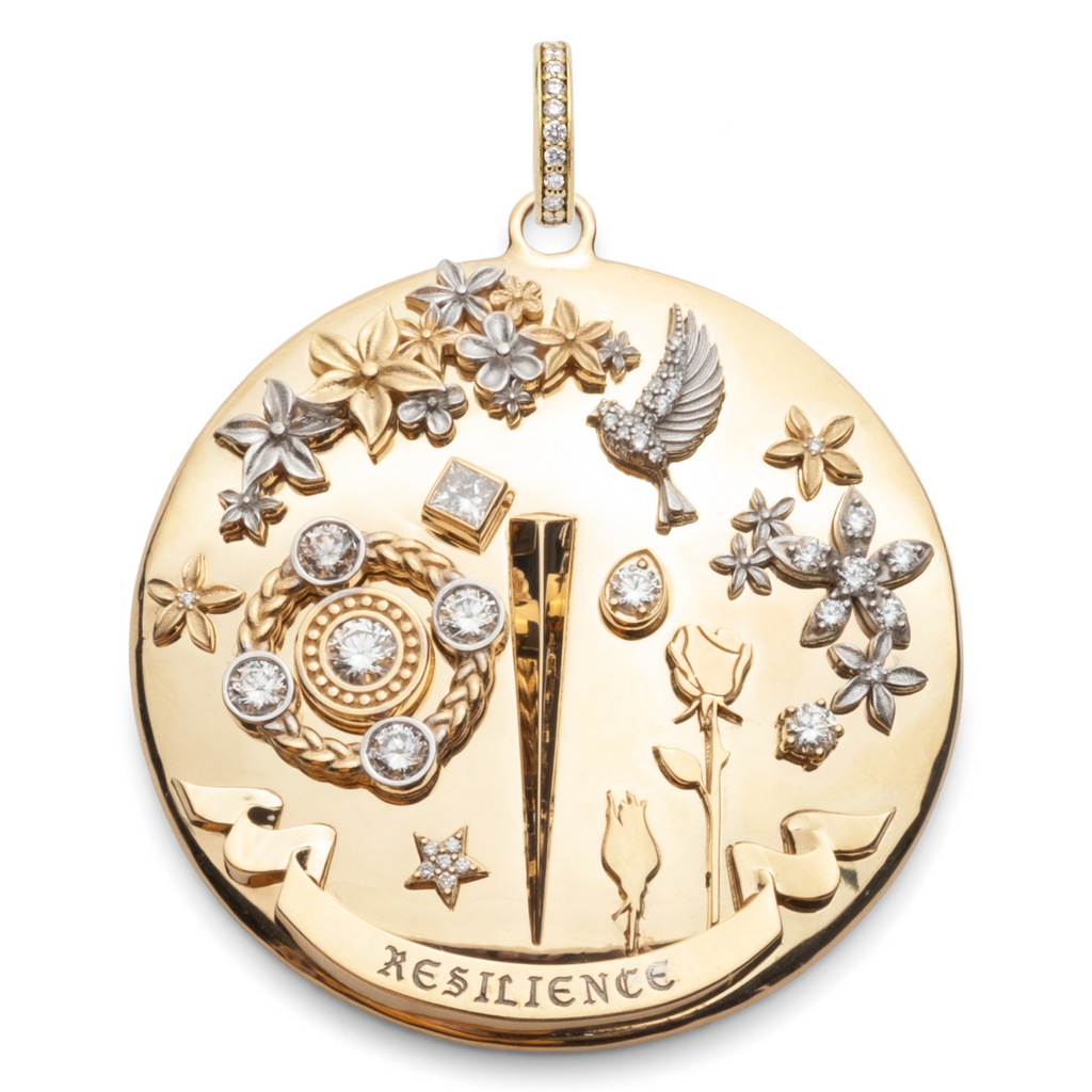 18K Yellow Gold Resilience Grande Dame Medallion : in Yellow Gold with Diamonds and an Annex Link – FoundRae view 3