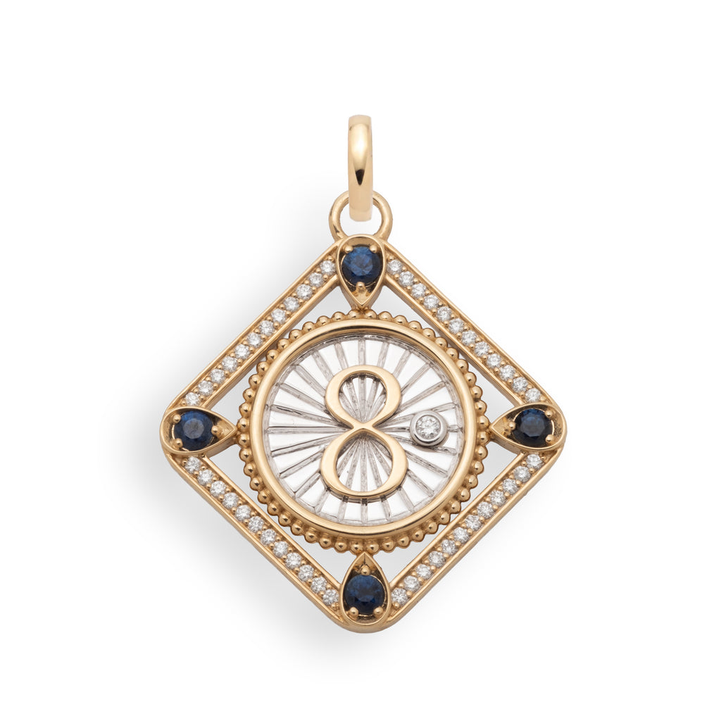 Karma Framed Blue Sapphire Pendant : in Mixed Gold with Diamonds and an Annex Link view 1