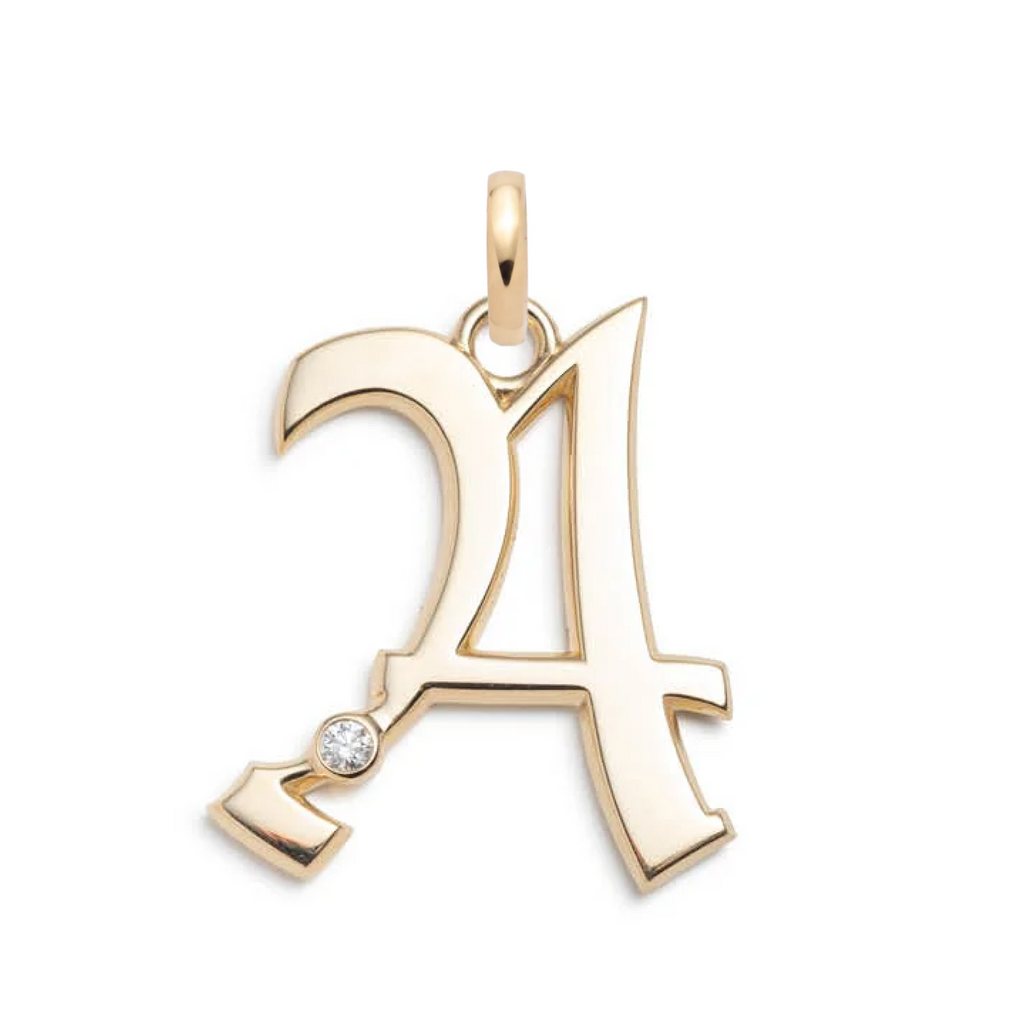 Engravable Initial Oversized Pendant : in Yellow Gold with Diamond and an Annex Link view 1