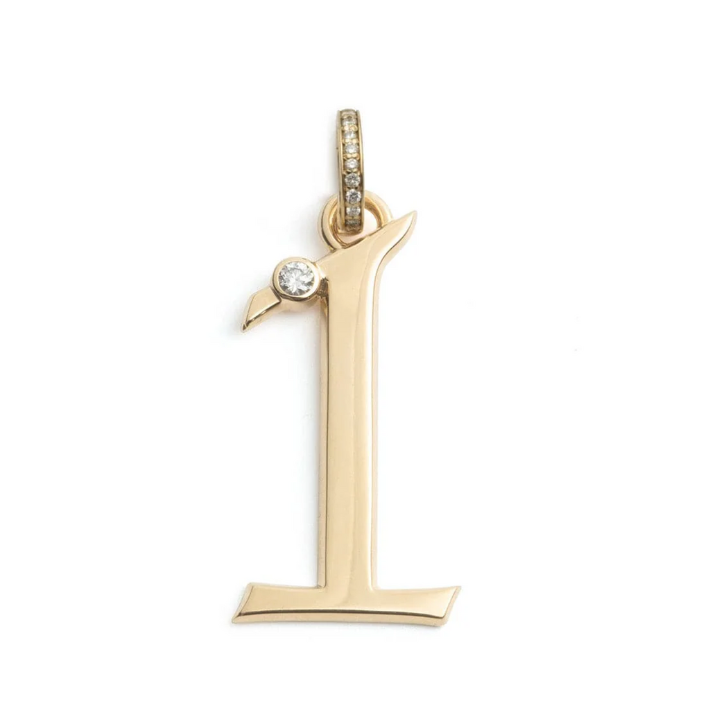 Engravable Number '1' Oversized Pendant : in Yellow Gold with Diamond and an Annex Link view 1