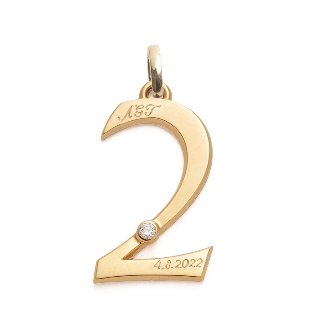 Engravable Number '2' Oversized Pendant : in Yellow Gold with Diamond and an Annex Link view 1