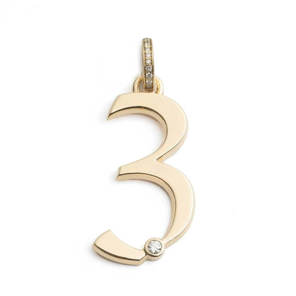 Engravable Number '3' Oversized Pendant : in Yellow Gold with Diamond and an Annex Link view 1