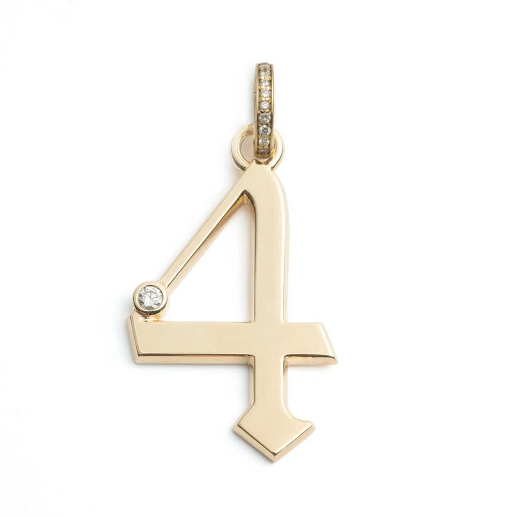 Engravable Number '4' Oversized Pendant : in Yellow Gold with Diamond and an Annex Link view 1