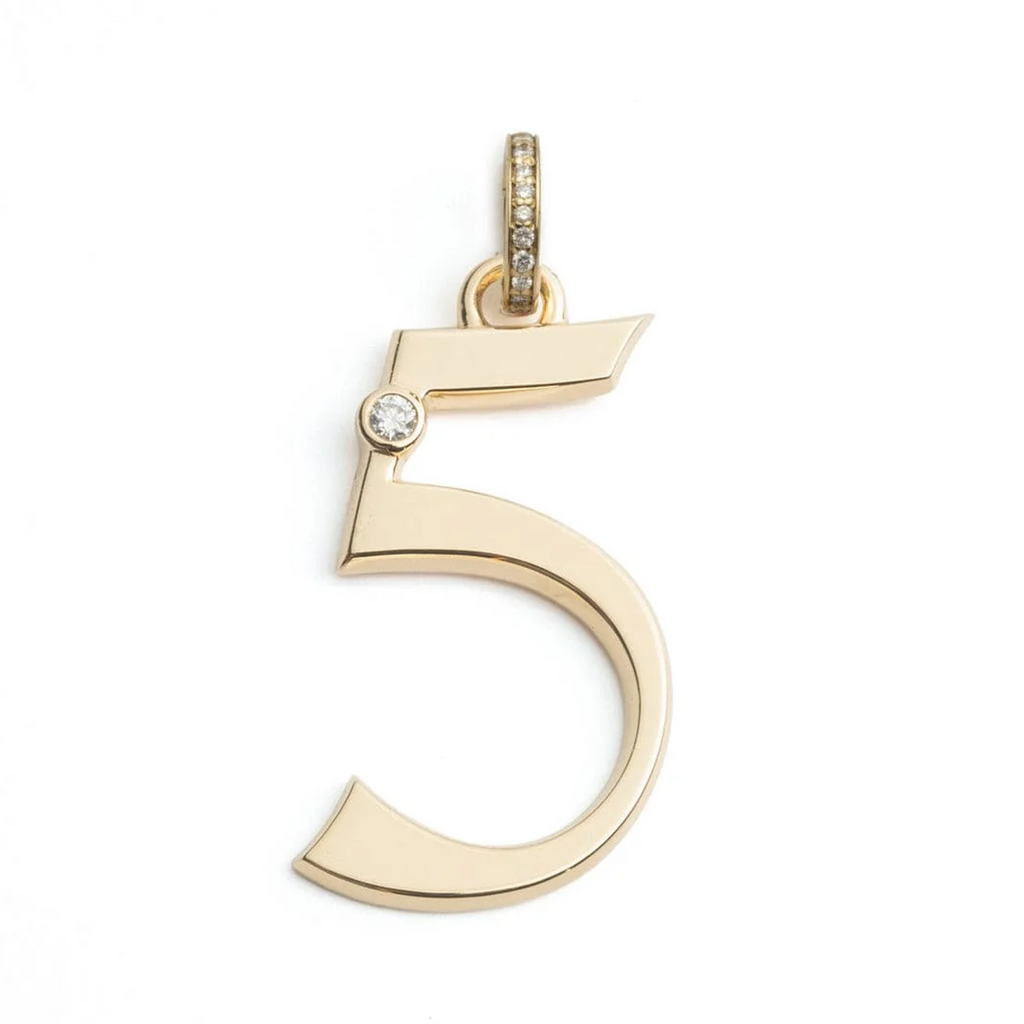 Engravable Number '5' Oversized Pendant : in Yellow Gold with Diamond and an Annex Link view 1