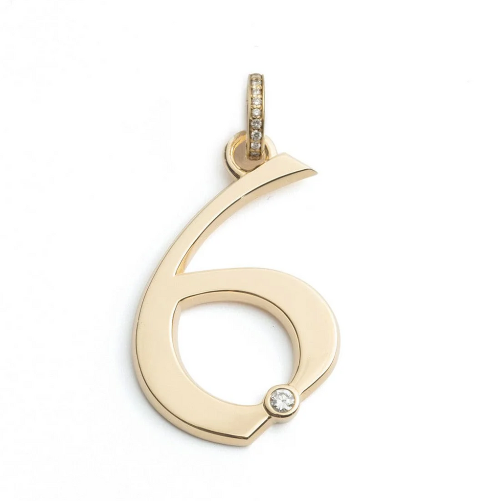 Engravable Number '6' Oversized Pendant : in Yellow Gold with Diamond and an Annex Link view 1
