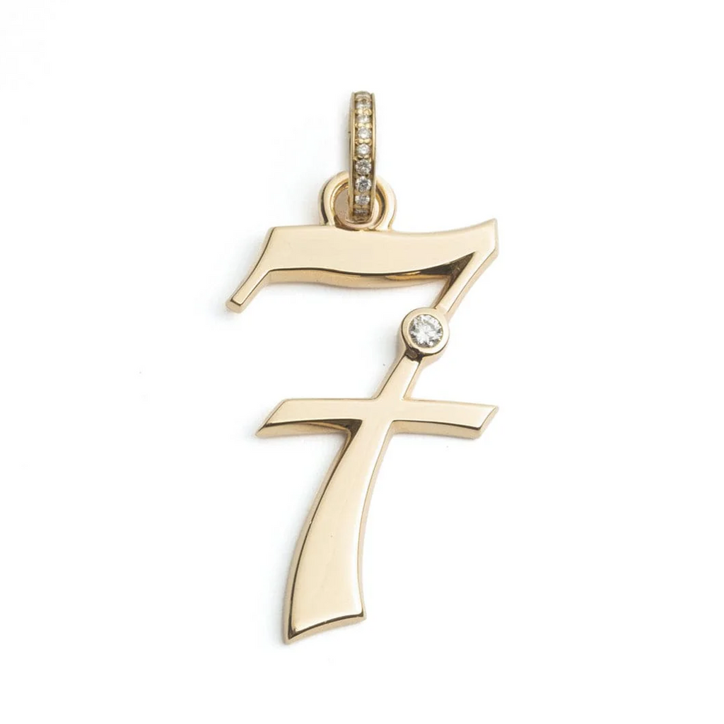 Engravable Number '7' Oversized Pendant : in Yellow Gold with Diamond and an Annex Link view 1