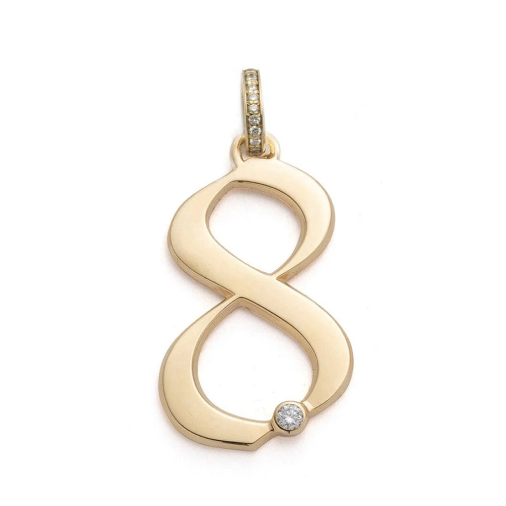 Engravable Number '8' Oversized Pendant : in Yellow Gold with Diamond and an Annex Link view 1