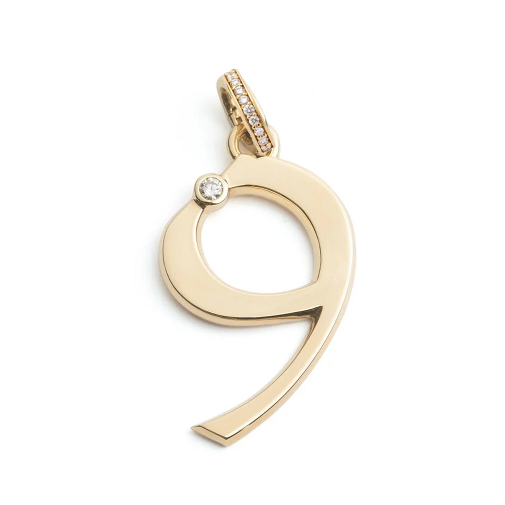 Engravable Number '9' Oversized Pendant : in Yellow Gold with Diamond and an Annex Link view 1