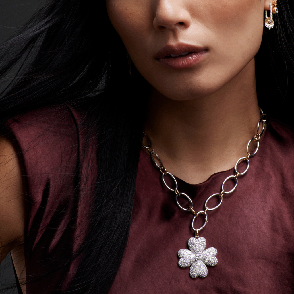 Snow Pavé Diamond Four Heart Clover Oversized Pendant : in White Gold with an Annex Link view 2