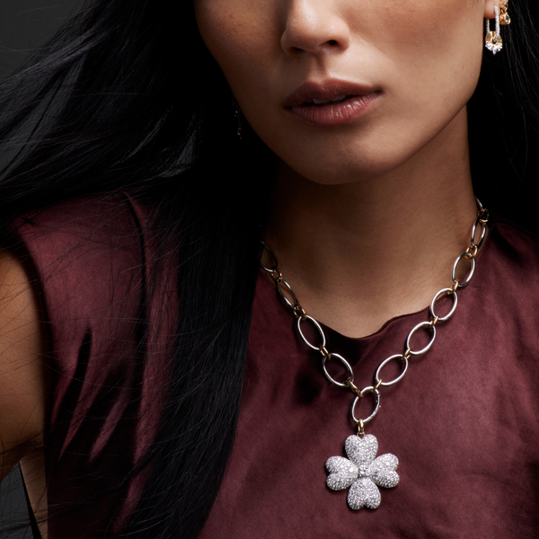 Snow Pavé Diamond Four Heart Clover Oversized Pendant : in White Gold with an Annex Link