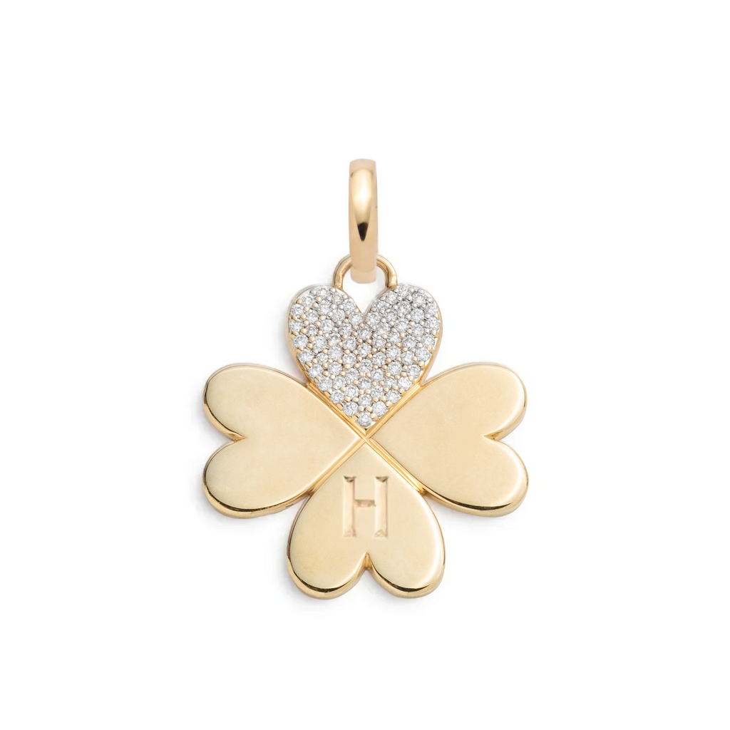 Pave Diamond Engravable Medium Four Heart Clover : in Yellow Gold with an Annex Link view 1
