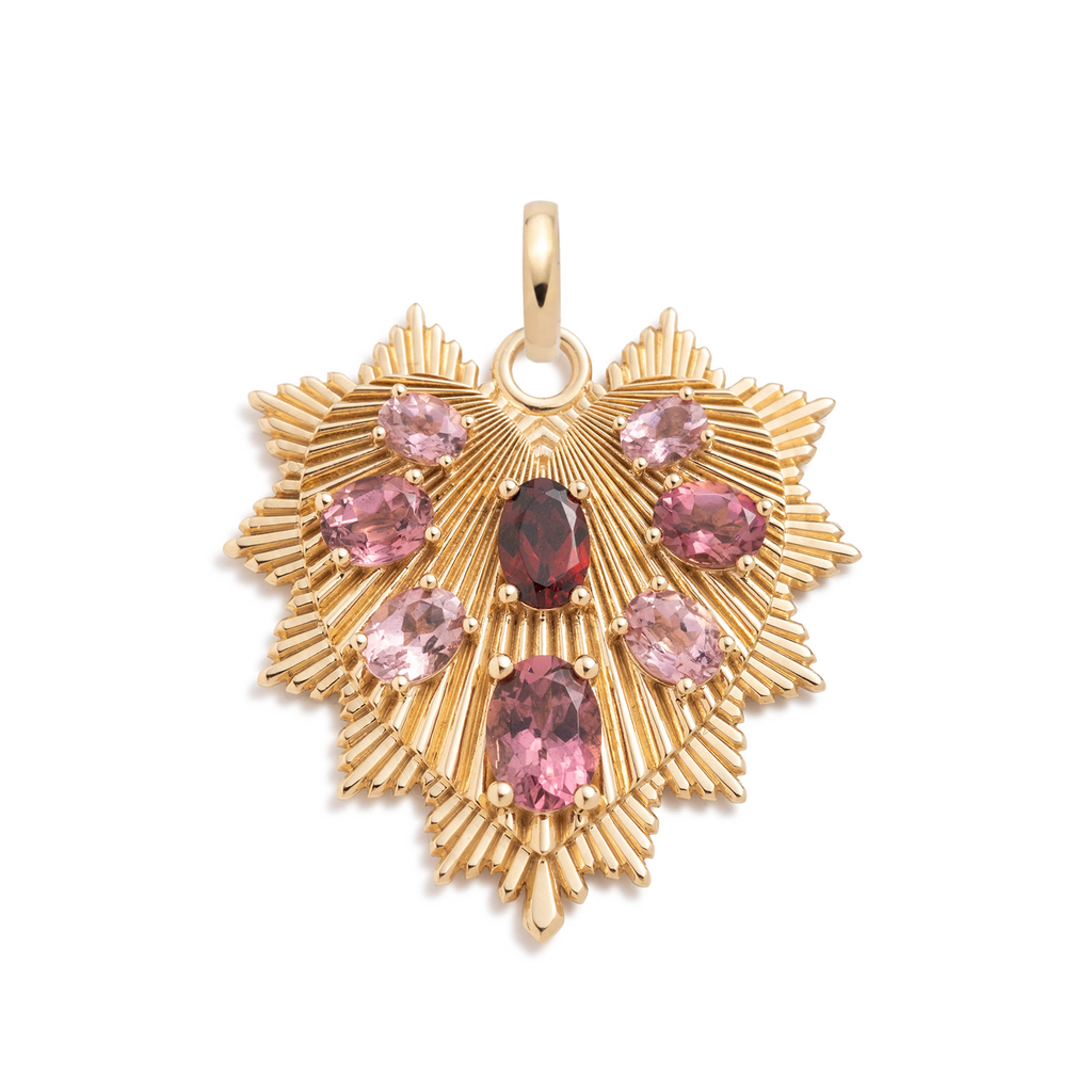 Oversized Gemstone Heart Love Token Medallion : in Yellow Gold with Multi Pink Gemstones and an Annex Link view 1