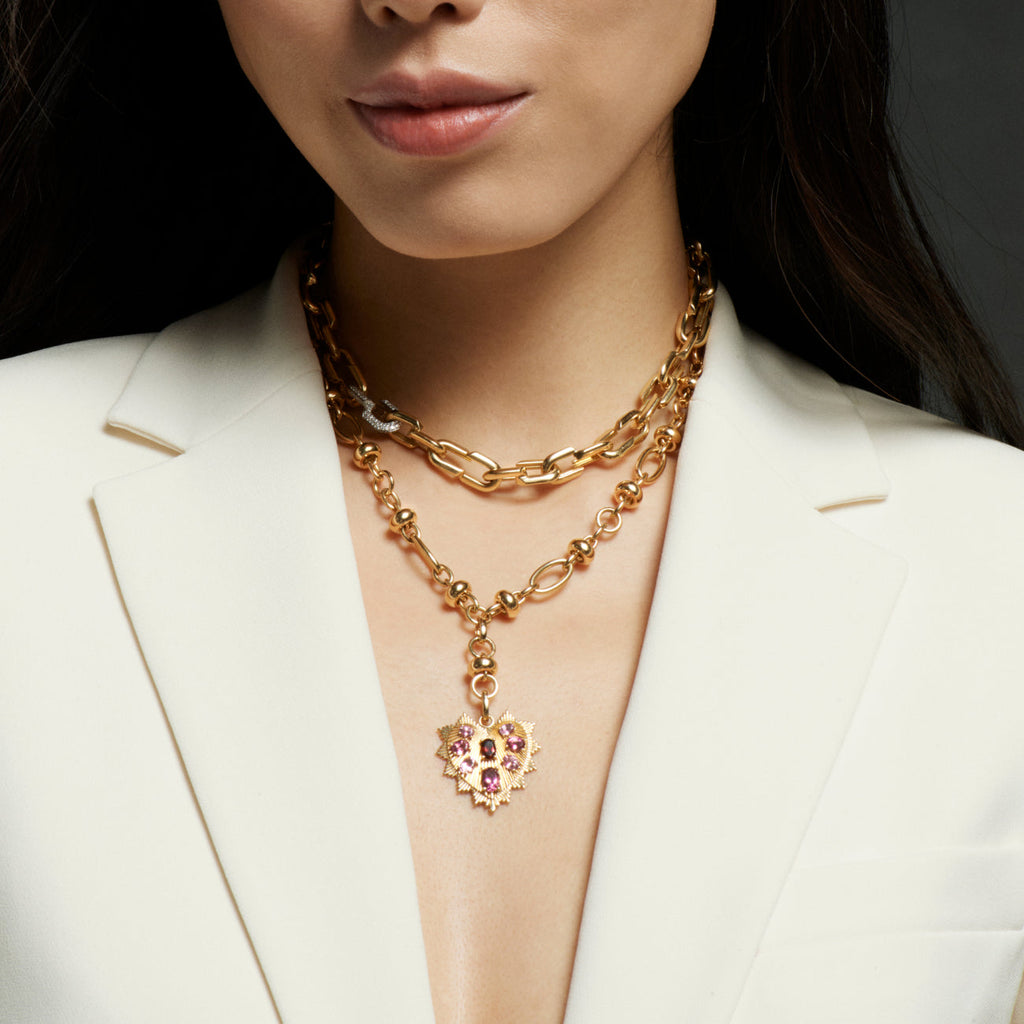 Oversized Gemstone Heart Love Token Medallion : in Yellow Gold with Multi Pink Gemstones and an Annex Link view 2