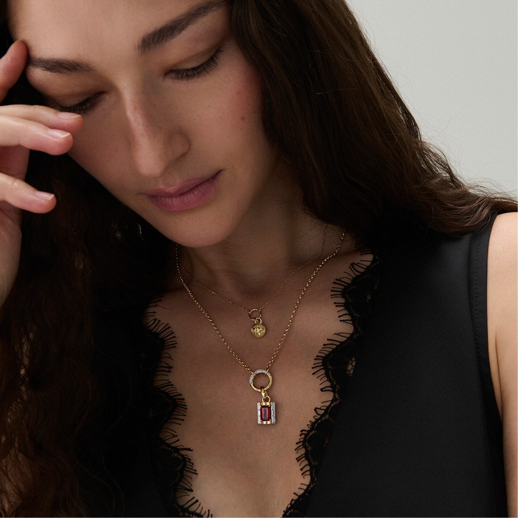 True Love | Lovestruck Pierced Cache Link Pendant | Garnet, Diamonds, Yellow Gold view 2