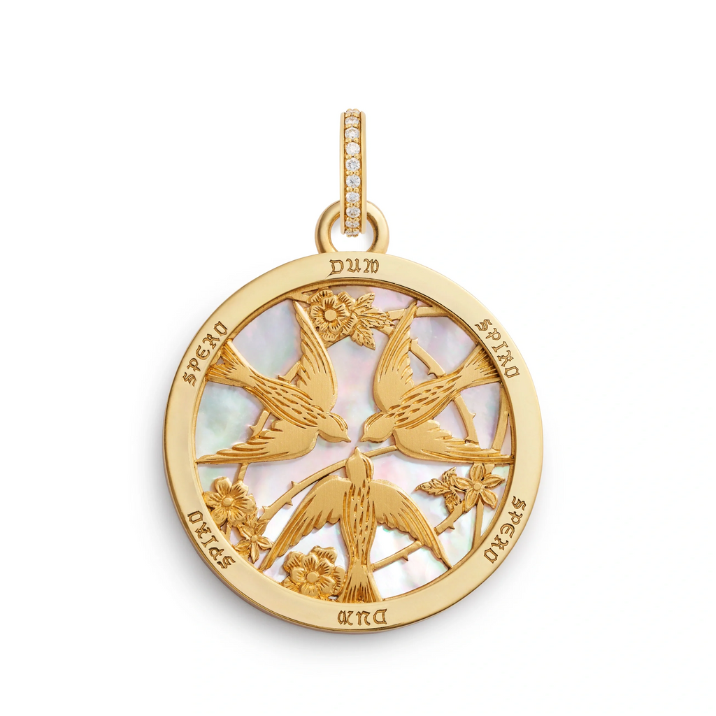 18K Yellow Gold Resilience | Sparrow Screen on Stone Large Specialty Medallion | Mother of Pearl, Yellow Gold – FoundRae view 3