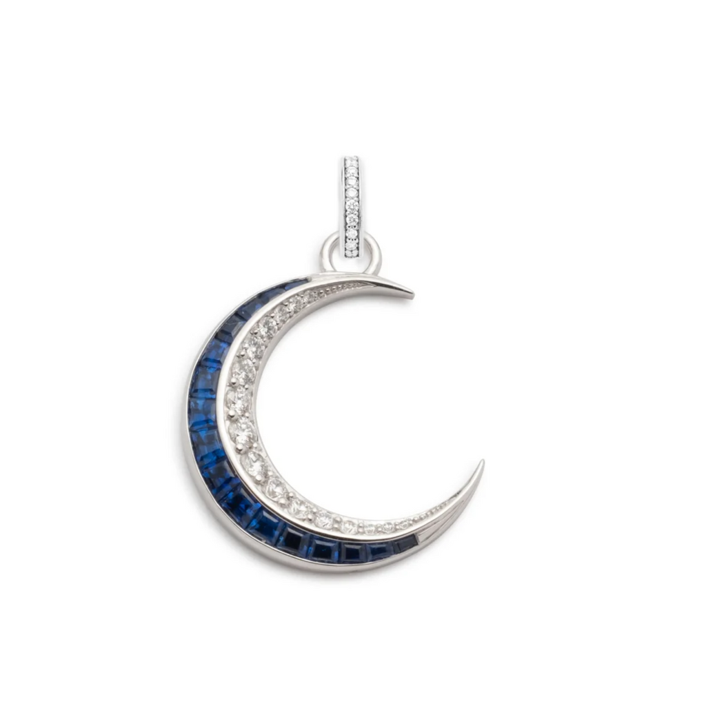 18K White Gold Crescent - Karma : Blue Sapphire & Diamond Gemstone Medallion with Annex Link – FoundRae view 3