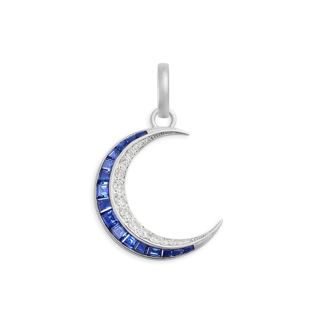 Infinite Gratitude | Gemstone Crescent Pendant | Diamonds, Blue Sapphire, 18K White Gold view 1