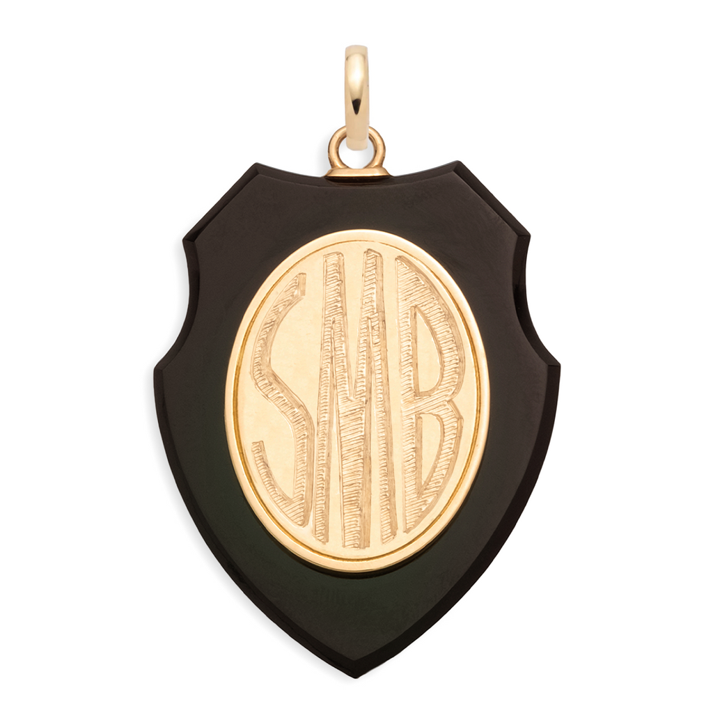 Onyx Stone Engravable Shield Pendant : in Yellow Gold with an Annex Link view 1