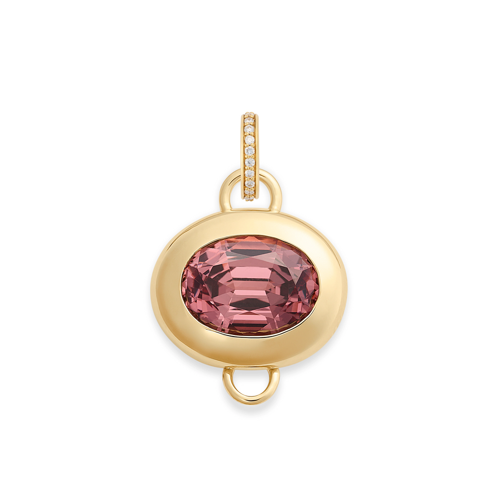 One of a Kind | Oval Cut Malaya Garnet Gemstone Cache Link Pendant 4.24ct | Garnet, Yellow Gold view 2