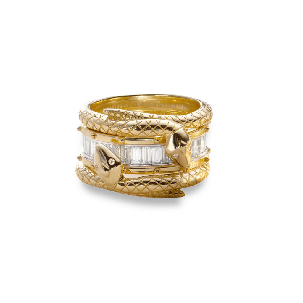 Lovestruck Pierced and Snake Bookend Ring Stack : in Yellow Gold with Baguette Diamonds view 1
