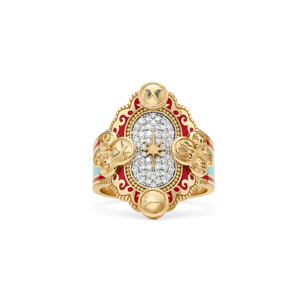 Foundation | Cigar Band | Red and Blue Ceramic, Diamonds, Yellow Gold view 1