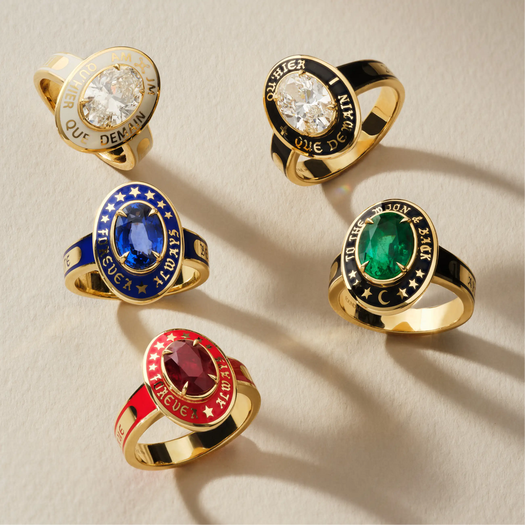 18K Yellow Gold Personalized - True Love | Custom Oval Gemstone Cigar Band Ring | Blue Ceramic, Blue Sapphire, 18K Yellow Gold – FoundRae view 4
