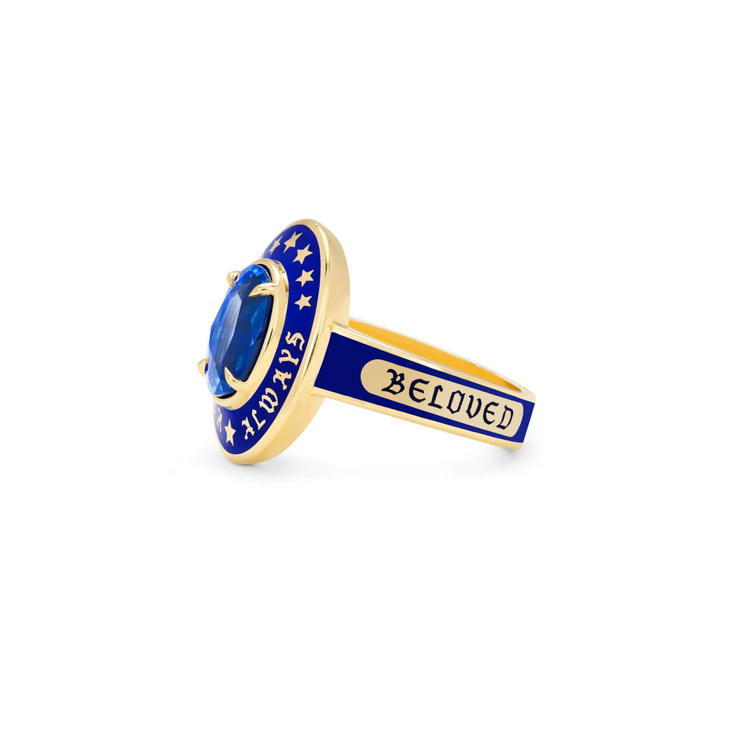 18K Yellow Gold Personalized - True Love | Custom Oval Gemstone Cigar Band Ring | Blue Ceramic, Blue Sapphire, 18K Yellow Gold – FoundRae view 3