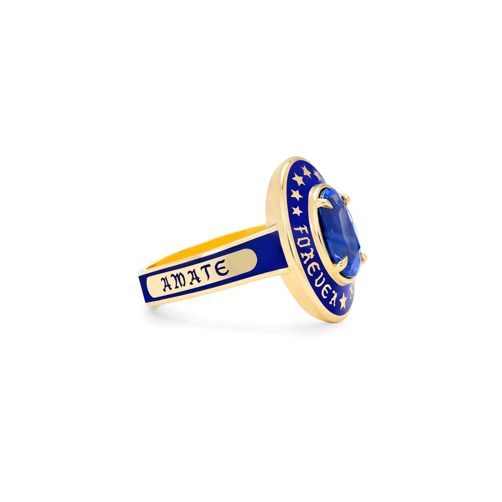 18K Yellow Gold Personalized - True Love | Custom Oval Gemstone Cigar Band Ring | Blue Ceramic, Blue Sapphire, 18K Yellow Gold – FoundRae view 5