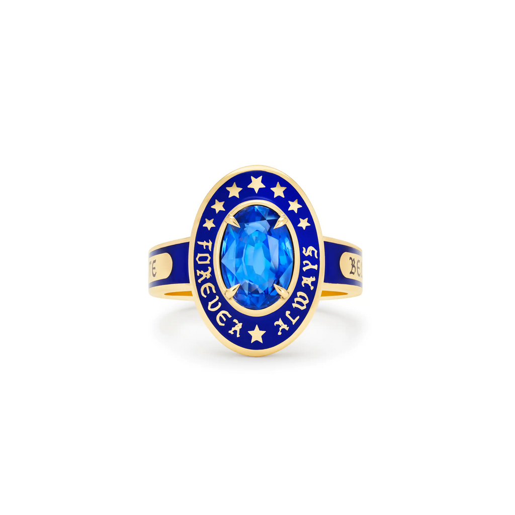 18K Yellow Gold Personalized - True Love | Custom Oval Gemstone Cigar Band Ring | Blue Ceramic, Blue Sapphire, 18K Yellow Gold – FoundRae view 1