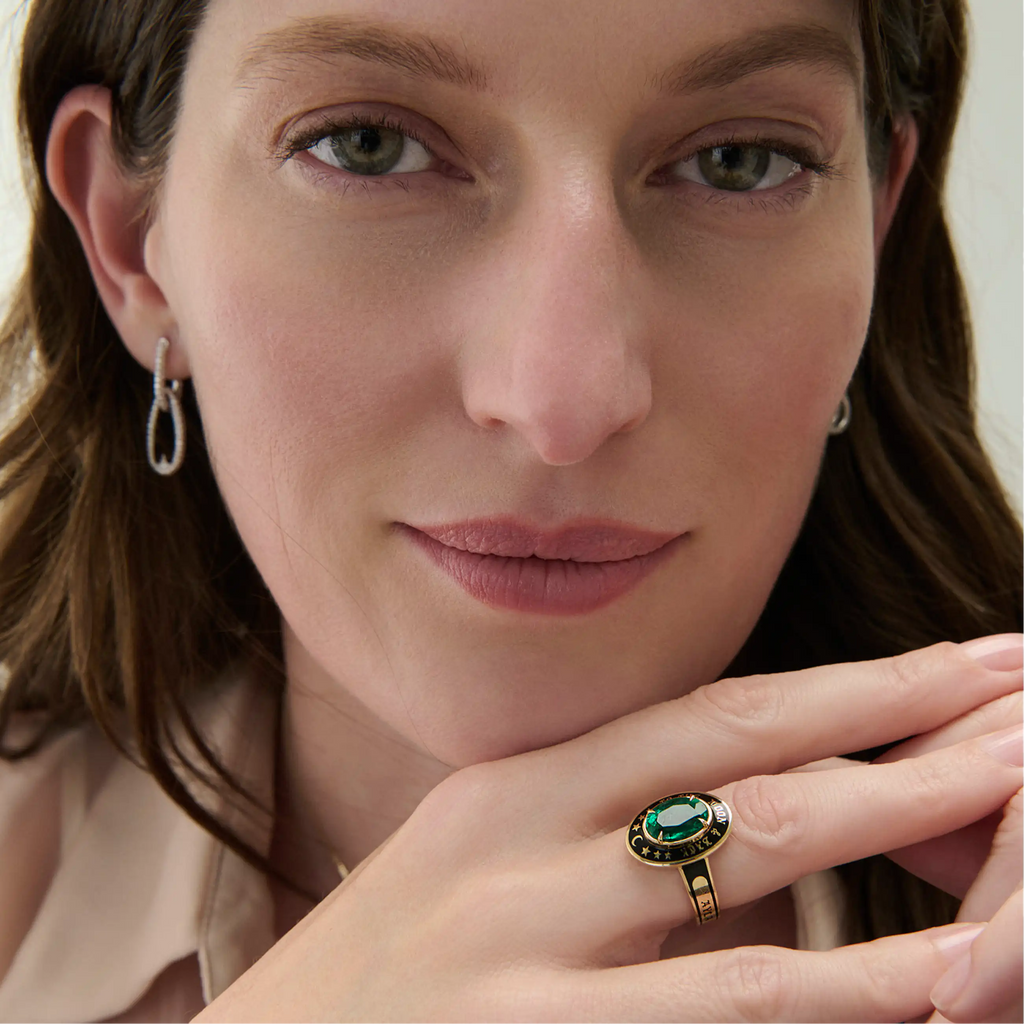 18K Yellow Gold Personalized - True Love | Custom Oval Gemstone Cigar Band Ring | Black Ceramic, Emerald, 18K Yellow Gold – FoundRae view 2