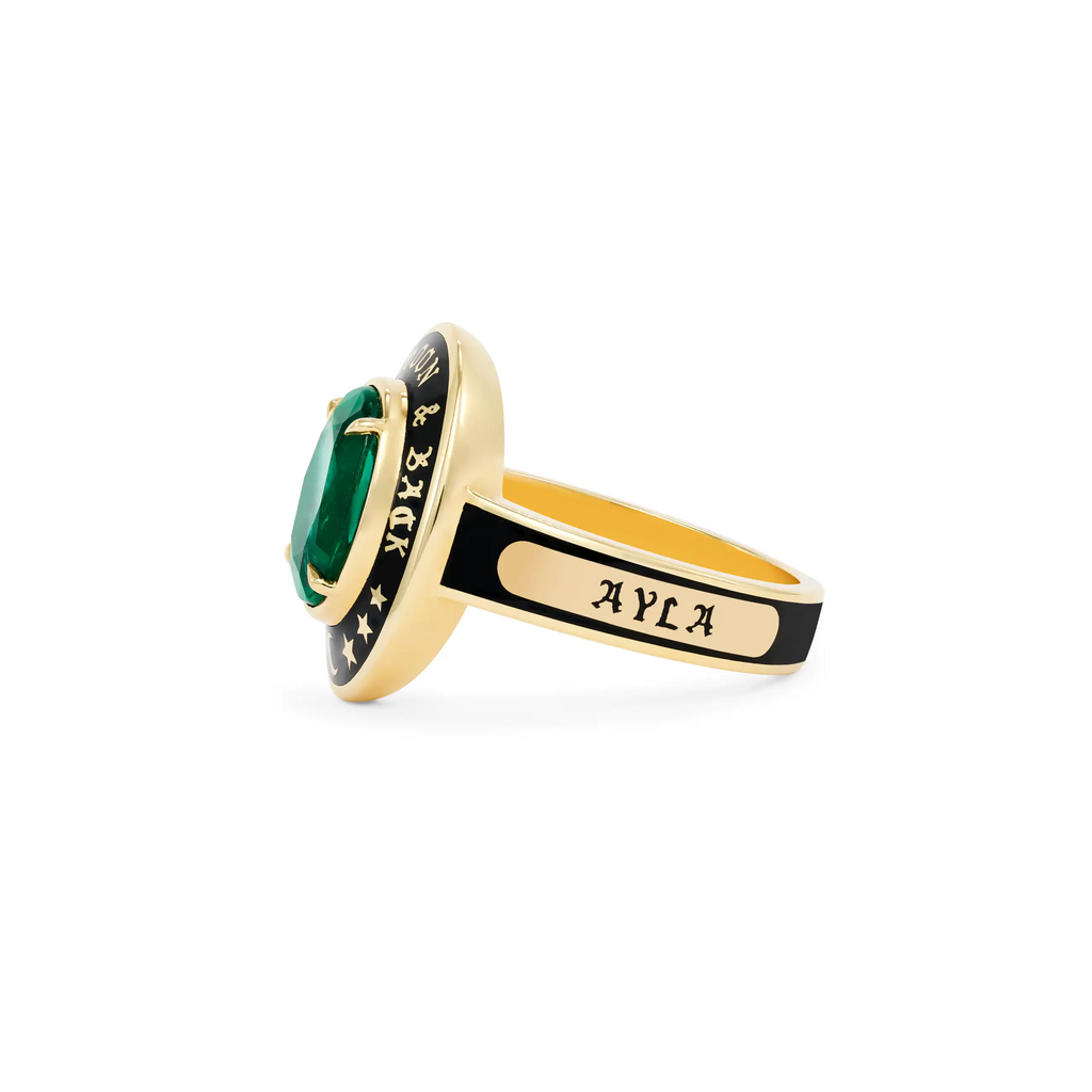18K Yellow Gold Personalized - True Love | Custom Oval Gemstone Cigar Band Ring | Black Ceramic, Emerald, 18K Yellow Gold – FoundRae view 3
