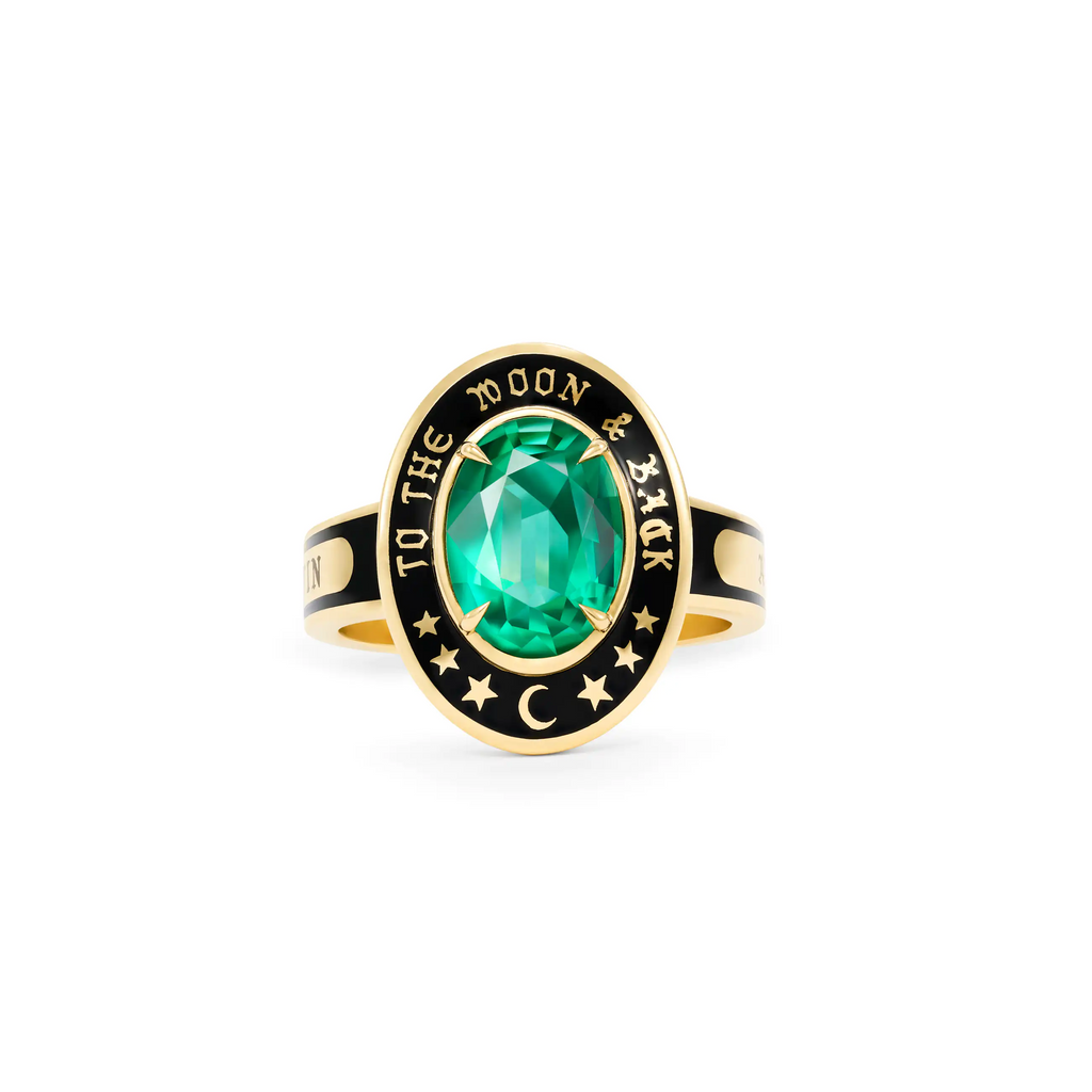 18K Yellow Gold Personalized - True Love | Custom Oval Gemstone Cigar Band Ring | Black Ceramic, Emerald, 18K Yellow Gold – FoundRae view 1