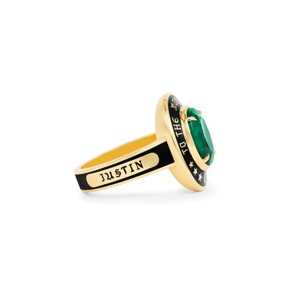 18K Yellow Gold Personalized - True Love | Custom Oval Gemstone Cigar Band Ring | Black Ceramic, Emerald, 18K Yellow Gold – FoundRae view 5