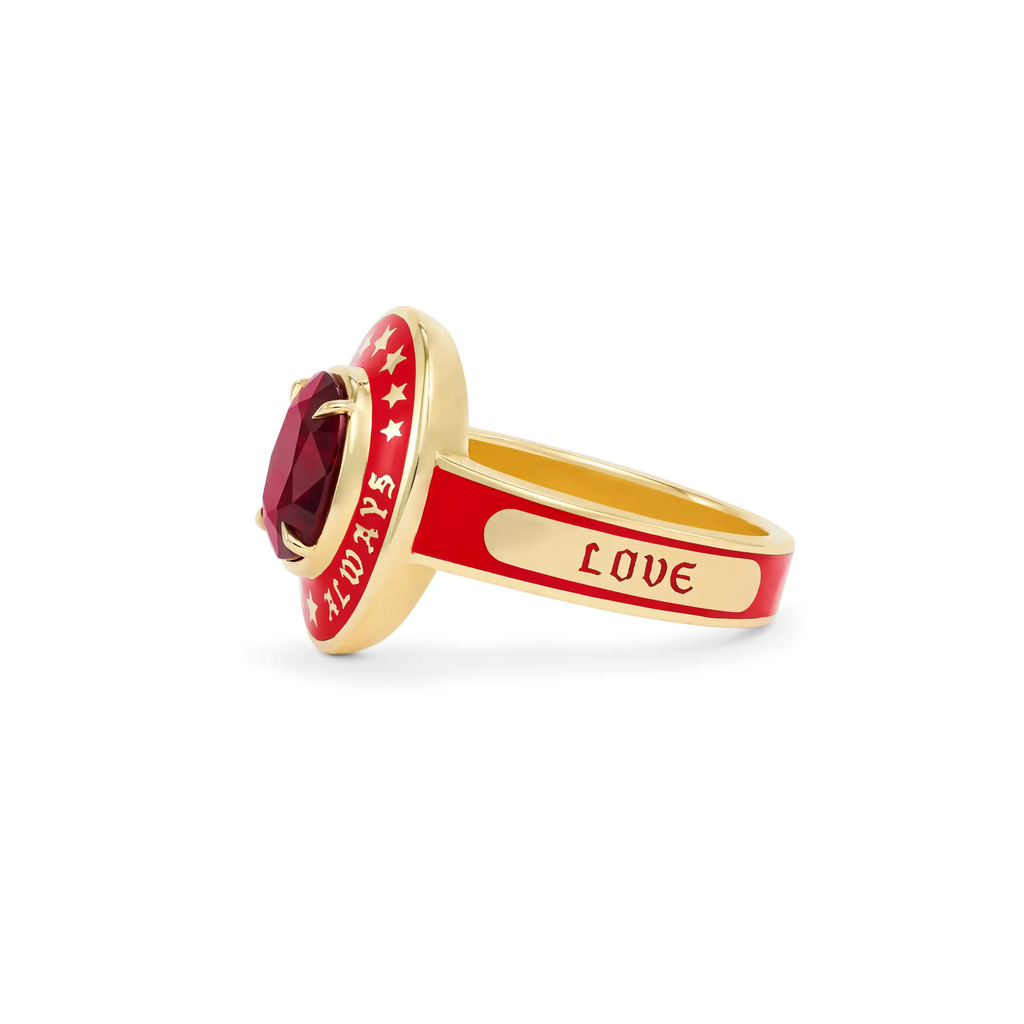 18K Yellow Gold Personalized - True Love | Custom Oval Gemstone Cigar Band Ring | Red Ceramic, Ruby, 18K Yellow Gold – FoundRae view 3