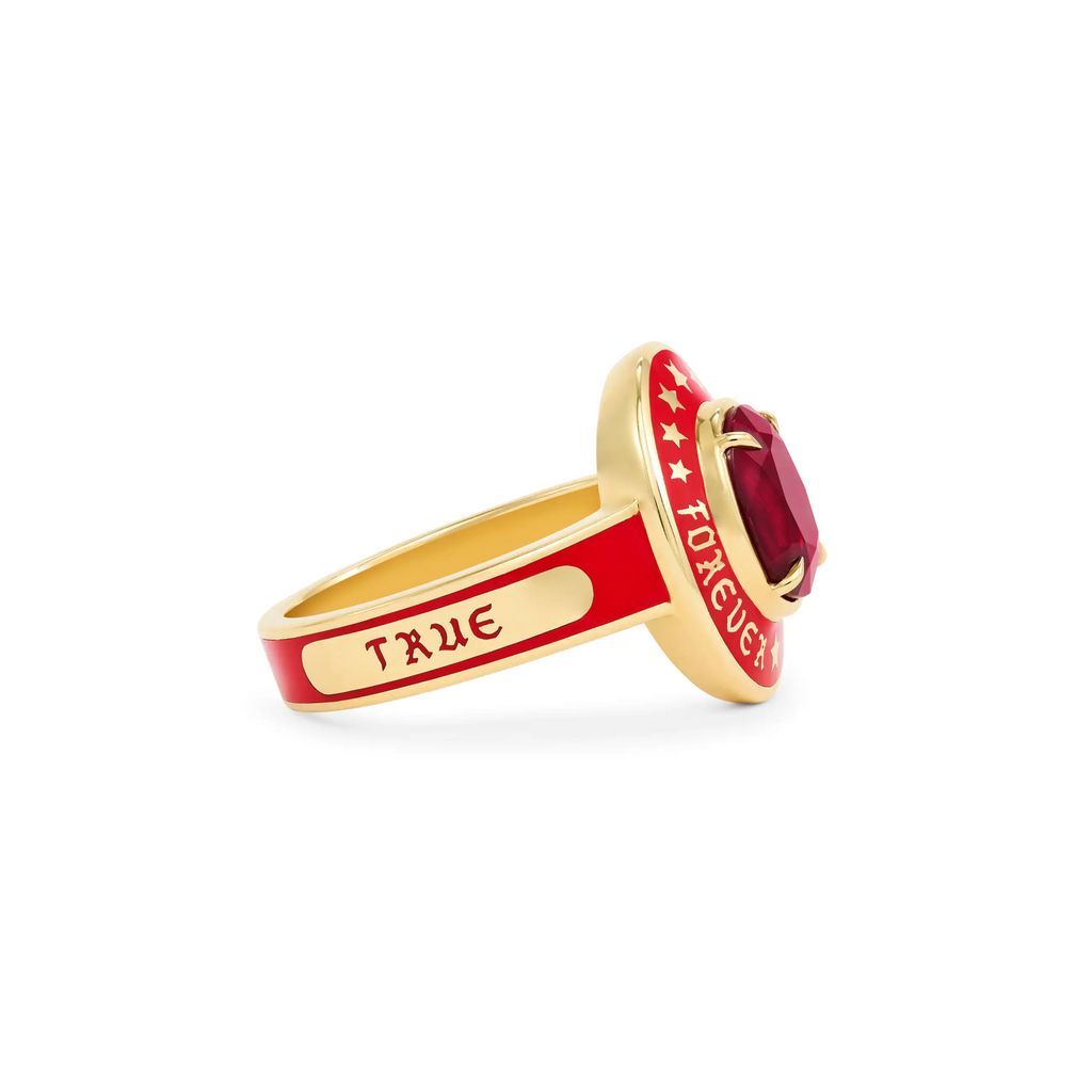 18K Yellow Gold Personalized - True Love | Custom Oval Gemstone Cigar Band Ring | Red Ceramic, Ruby, 18K Yellow Gold – FoundRae view 5