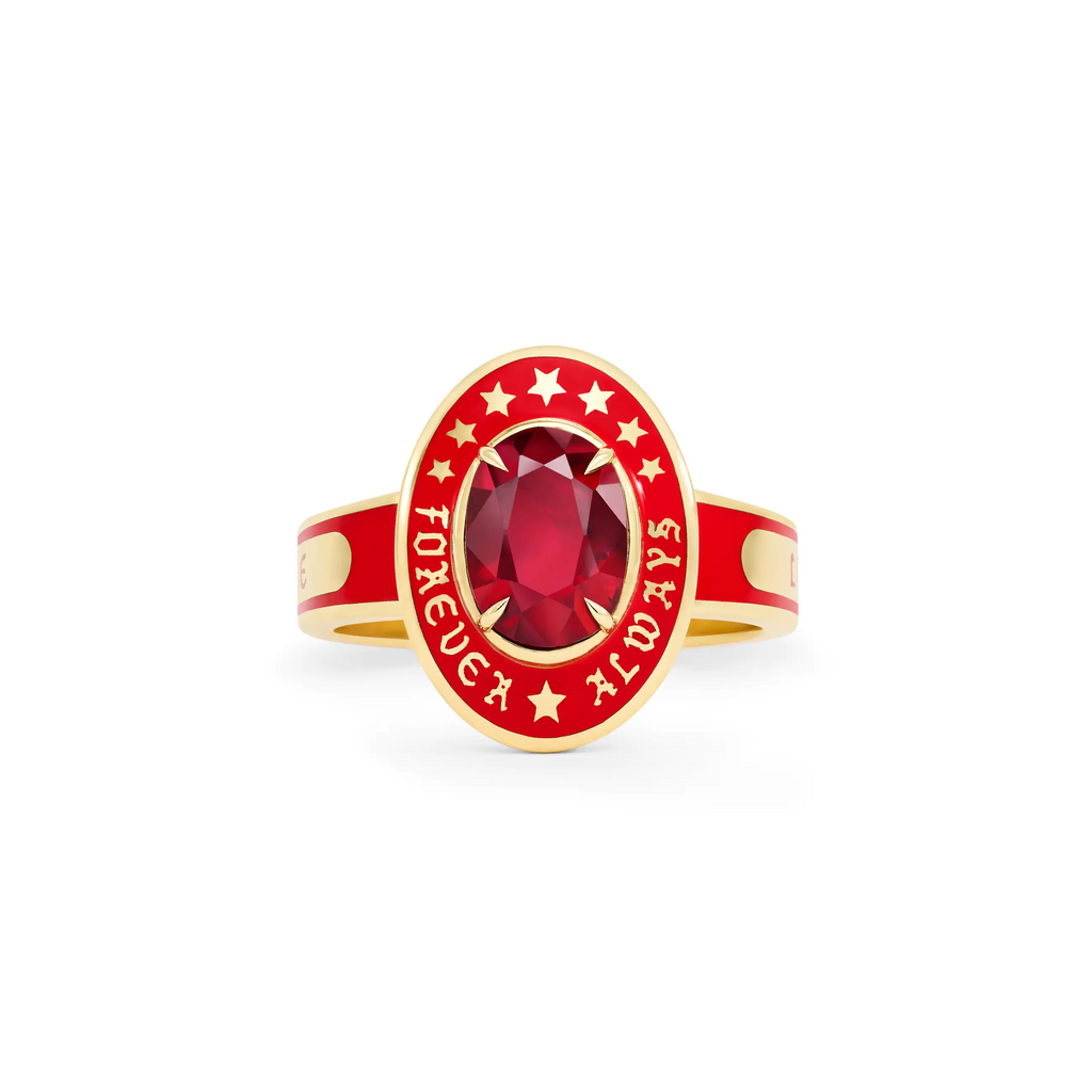 18K Yellow Gold Personalized - True Love | Custom Oval Gemstone Cigar Band Ring | Red Ceramic, Ruby, 18K Yellow Gold – FoundRae view 1