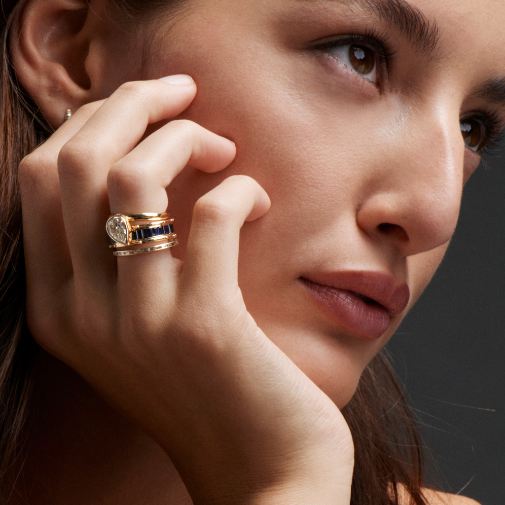 Lovestruck Pierced Baguette Blue Sapphire Wide Band : in Yellow Gold view 2