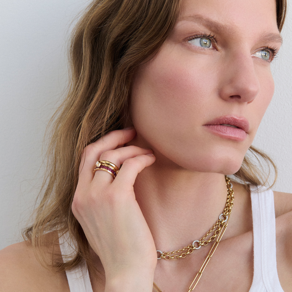 Lovestruck Pierced Baguette Ruby Wide Band : in Yellow Gold view 2