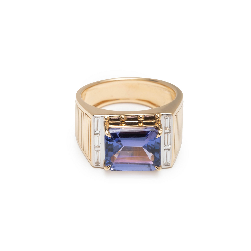 Lovestruck Pierced Tanzanite Signet Ring : in Yellow Gold with Baguette Diamonds view 1