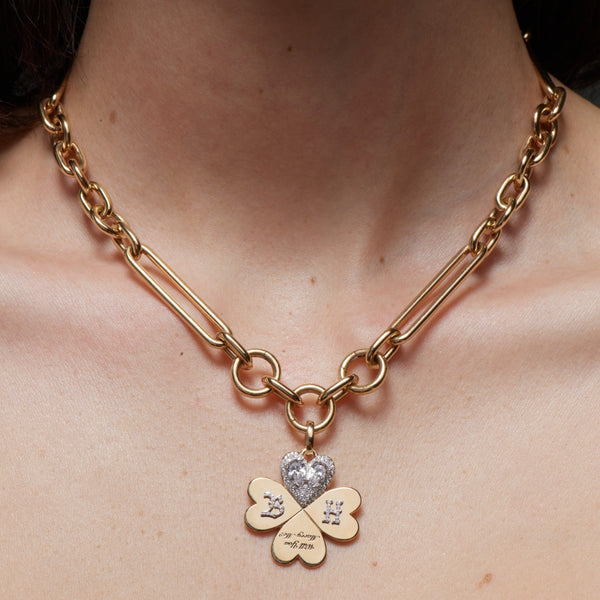 Personalized - True Love | Custom 'Will You Marry Me' Four Heart Clover Oversized Mixed Clip Necklace | Diamonds, Yellow Gold