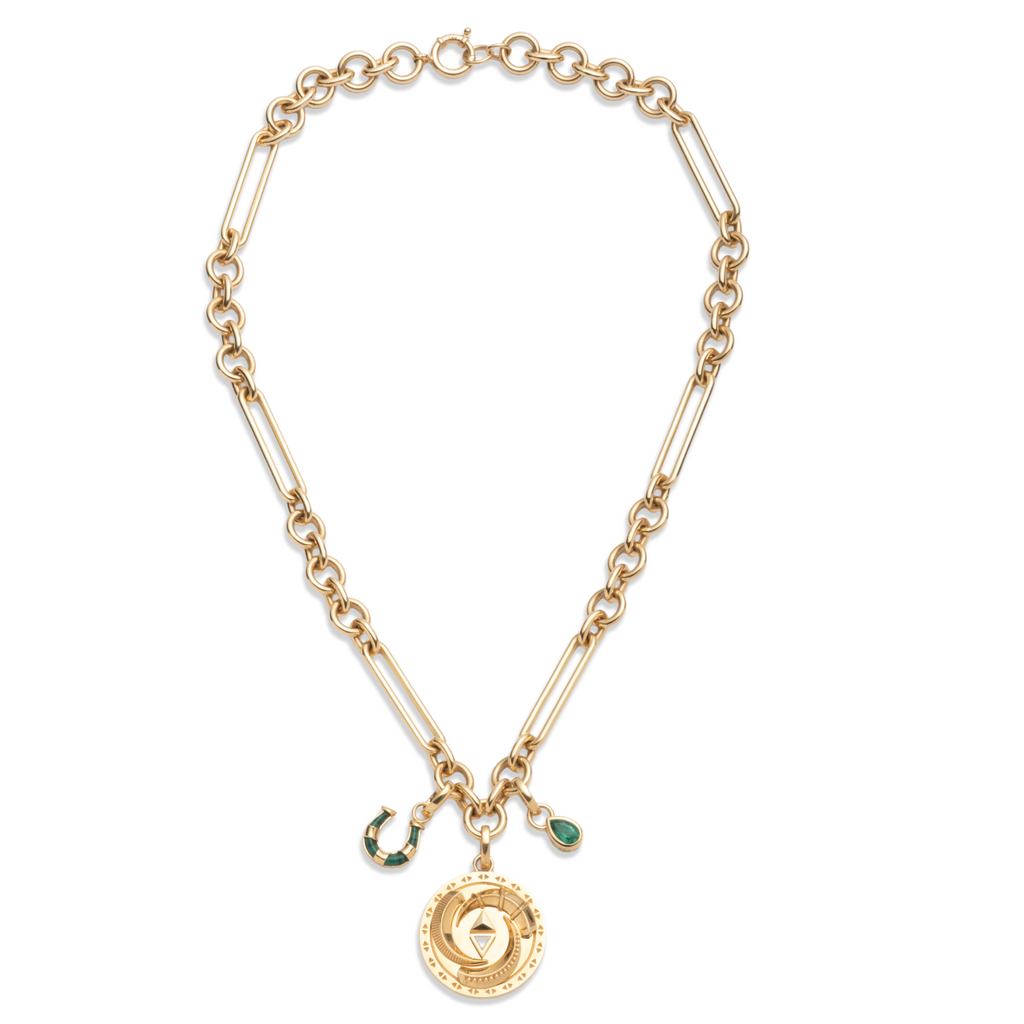 18K Yellow Gold Protection and Forever & Always a Pair Midsized Mixed Clip Story : in Yellow Gold with Diamonds, Emerald, and Malachite – FoundRae view 3