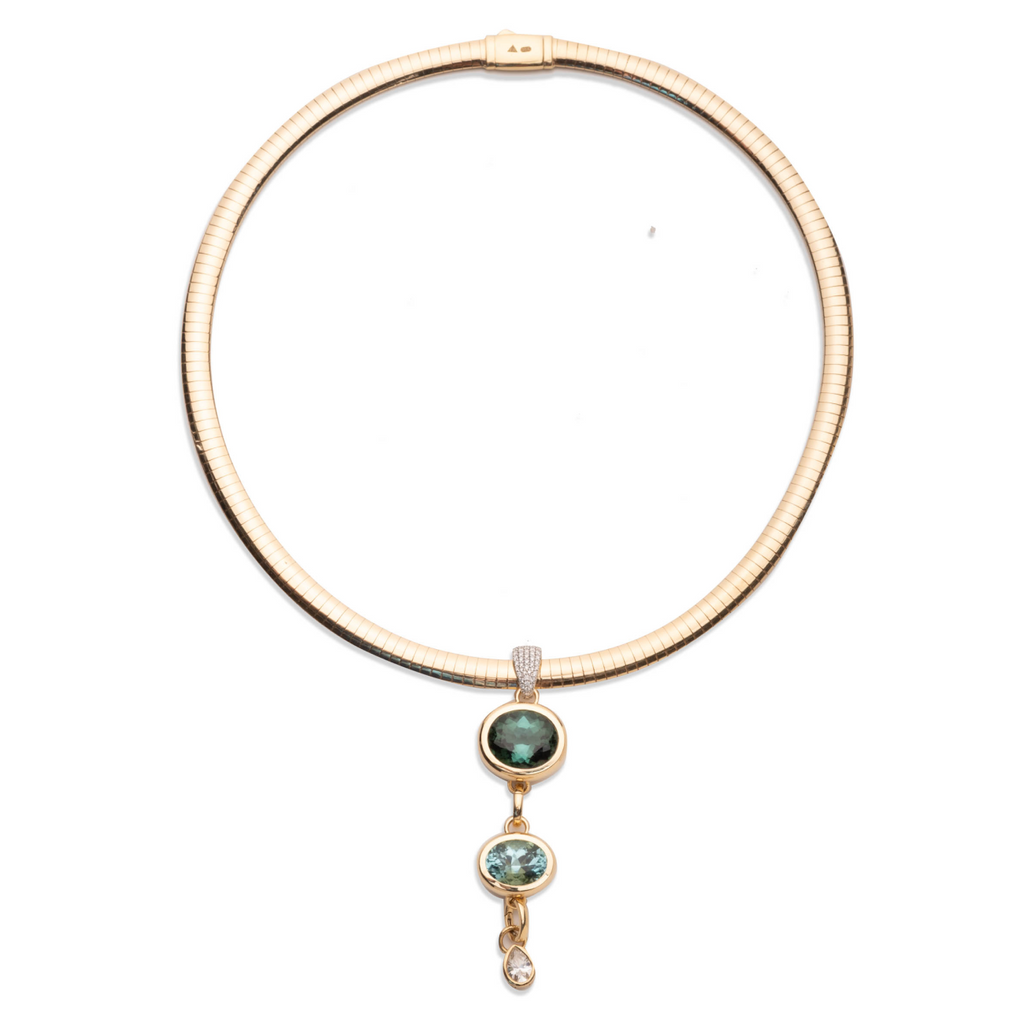 One-of-a-Kind Green Tourmaline and Forever & Always a Pair Small Sleek Collar Story : in Yellow Gold with Diamonds view 2