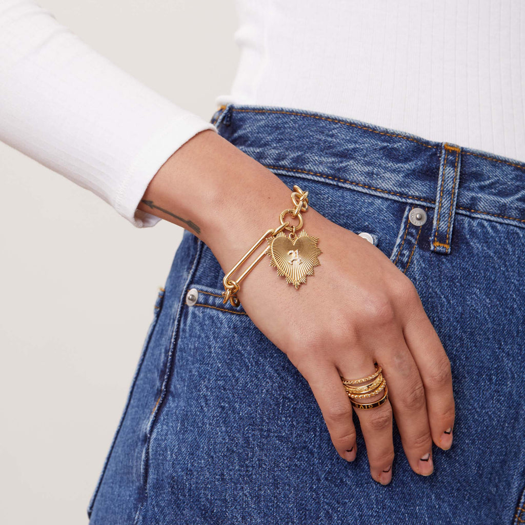 Initial Heart Love Token Oversized Medallion : in Yellow Gold with Diamonds and an Annex Link view 2