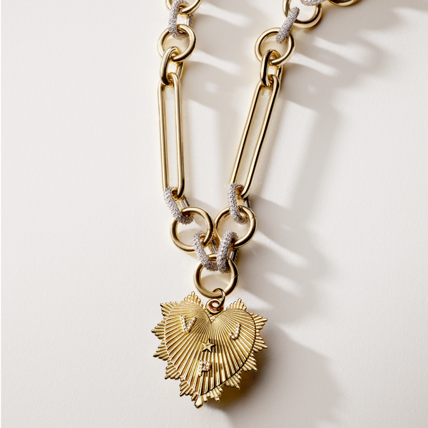 Custom Heart Love Token Oversized Mixed Clip Pave Necklace : in Yellow Gold with Diamonds