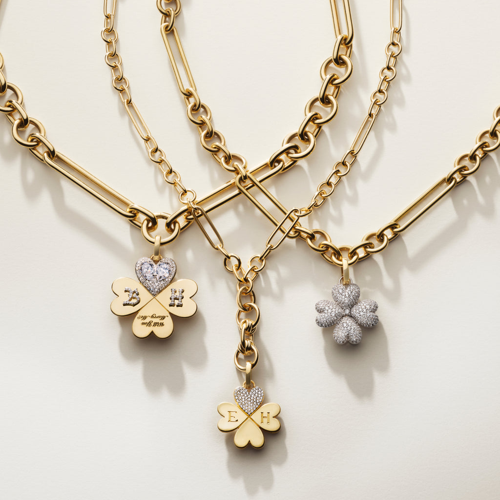 Personalized - True Love | Engravable Pavé Four Heart Clover Small Mixed Clip Necklace | Diamonds, Yellow Gold view 2