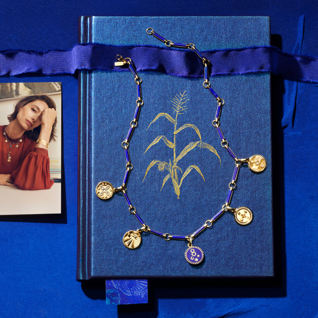 18K Yellow Gold Infinite Gratitude | Karma and Multi-Tenet Element Necklace | Diamonds, Lapis, Blue Ceramic, Yellow Gold – FoundRae view 5