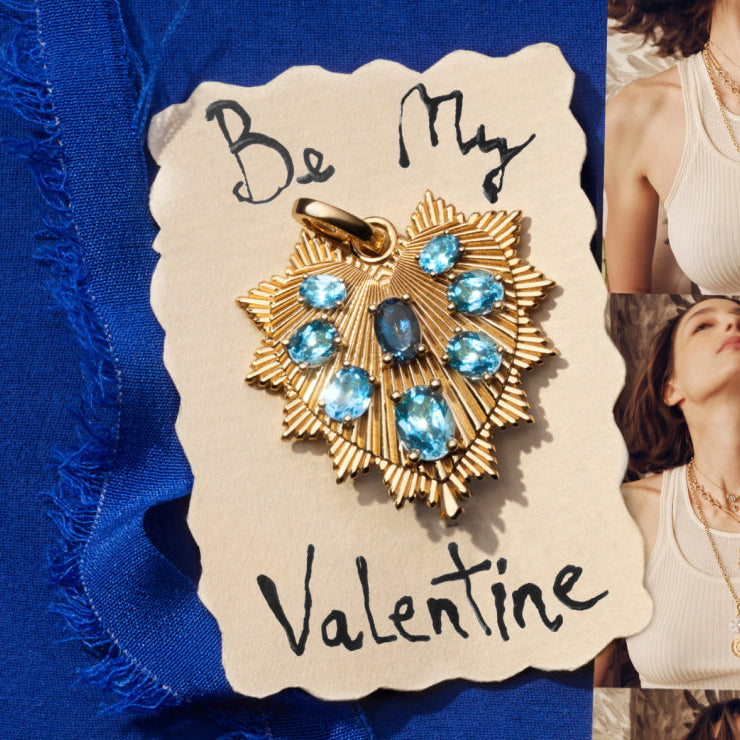 Oversized Gemstone Heart Love Token Medallion : in Yellow Gold with Multi Blue Gemstones and an Annex Link view 2