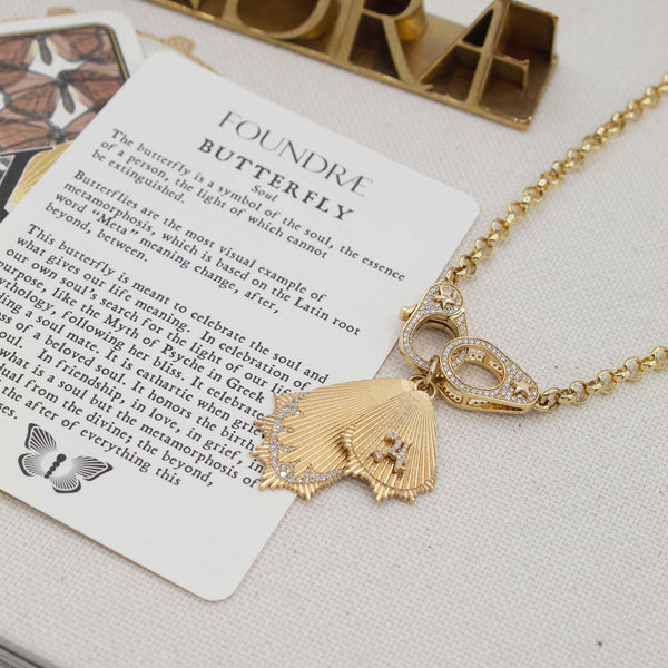 Initial Butterfly Wings Large Pendant : in Yellow Gold with Diamonds and an Annex Link