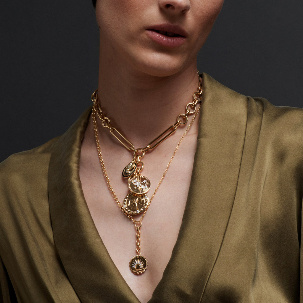18K Yellow Gold Internal Compass - Reverie | New Beginnings and Butterfly Medium Mixed Belcher Extension Necklace | Diamonds, London Blue Topaz, Yellow Gold – FoundRae view 4